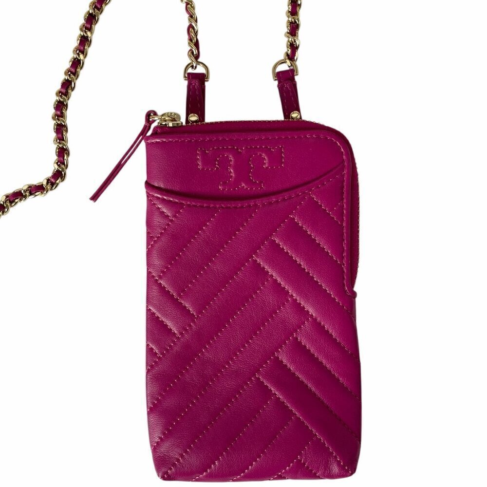 Tory Burch Alexa Phone Crossbody Fuchsia Pink Quilted Leather Bag